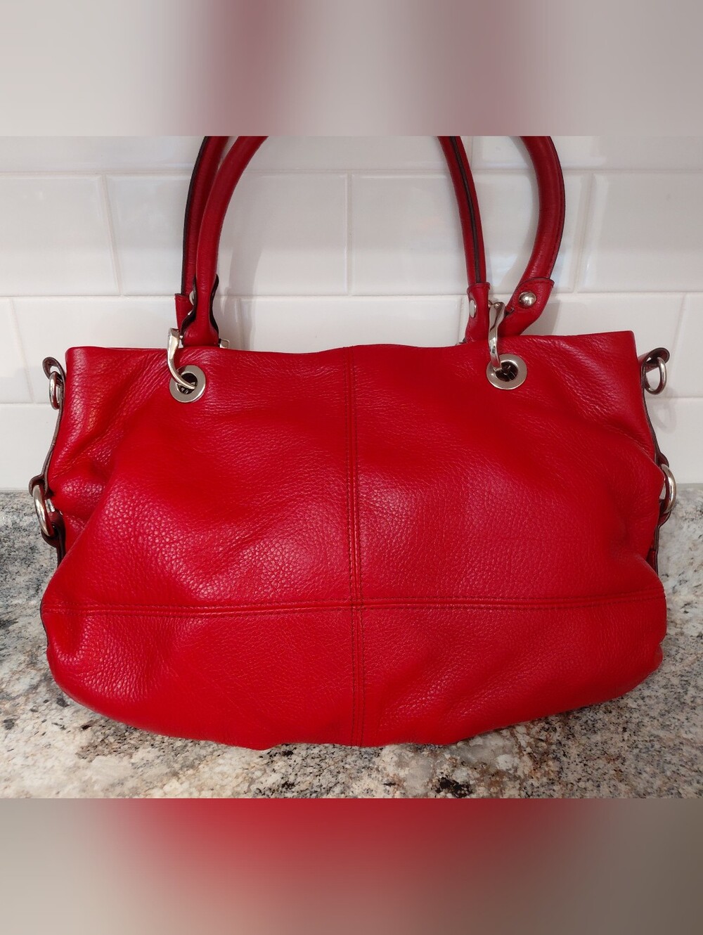 Tignanello Cherry Red Leather Hobo Style Handbag Purse W/Removable Strap